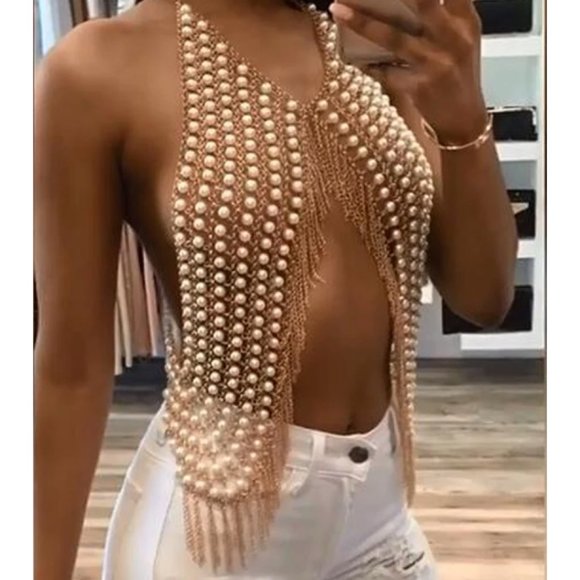 Tops - Gold Faux Pearl Chain Tassel Body Jewelry Rave Halter Crop Top